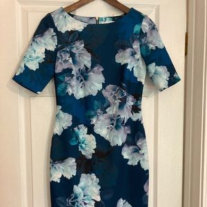 Blue Floral Calvin Klein Sheath Dress 3/4 Sleeves